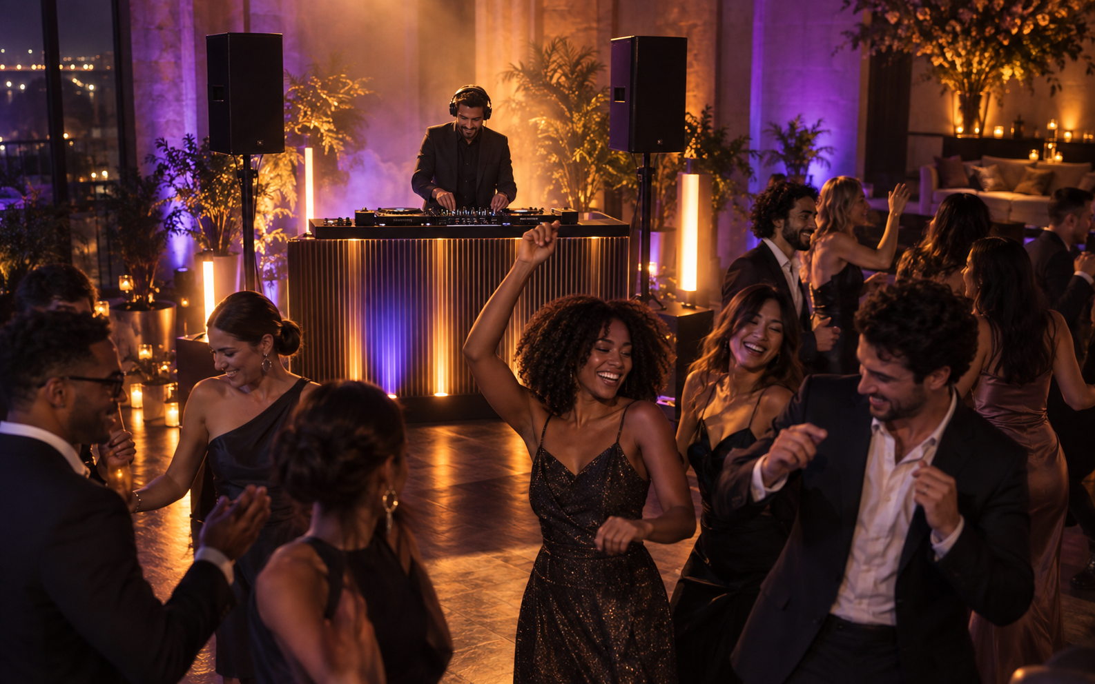 DJ booth, event lighting, and guests enjoying a celebration